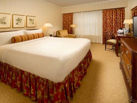 A hotel room with a large bed, decorative pillows, framed botanical art, table lamps, a seating area, and a dresser with a TV, under warm lighting.