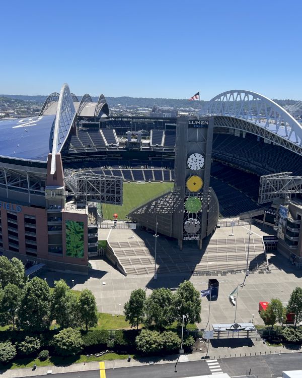 Aerial view of a large modern stadium with a curved roof, trees lining the front, and a clear blue sky above, lots of open seating and surrounding roads.