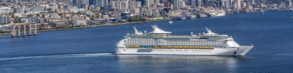 A large white cruise ship sails past a city skyline by the water, with tall buildings, clear blue sky, and calm harbor.