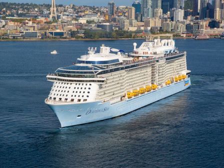 A large white cruise ship sails near a city skyline, with a tall tower and high-rise buildings in the background, on calm blue water.