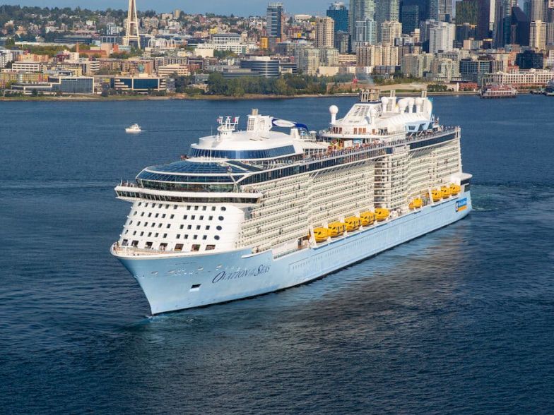 A large white cruise ship sails near a city skyline, with a tall tower and high-rise buildings in the background, on calm blue water.