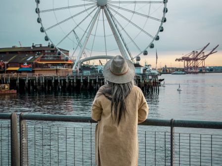 A person in a beige coat and hat stands by a railing, gazing at a large Ferris wheel over the water at a seaside dock.