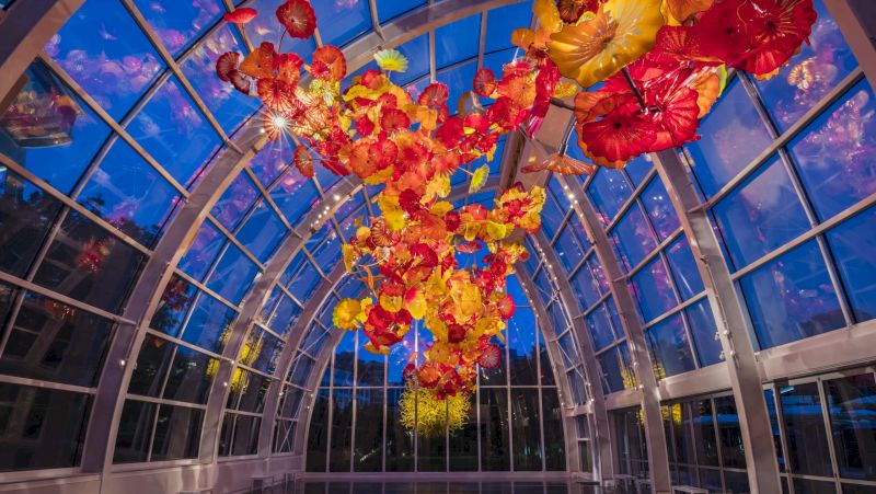 a large glass ceiling with a colorful art installation