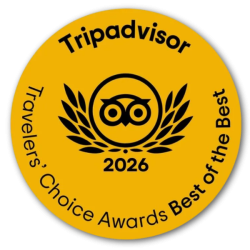 A yellow TripAdvisor badge reading “Traveler’s Choice Awards Best of the Best 2026,” with a central owl and laurel leaves.